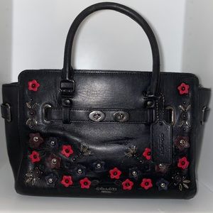 Black Coach leather Purse with red floral design